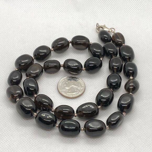 Brown Polished Smoky Quartz Beaded 24'' Necklace Sterling 925 Silver Clasp 130g - Picture 3 of 8
